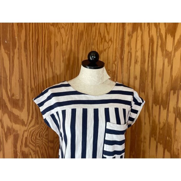 Madewell Mini Dress Zipline Casual Knit Pockets Navy Blue Striped Cotton Sz S - Picture 5 of 11